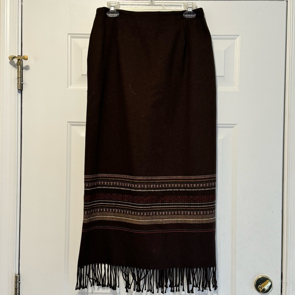 Dress Barn Wool Blend Midi Skirt Size 10 Brown Fringe Hem Boho Southwestern Fall